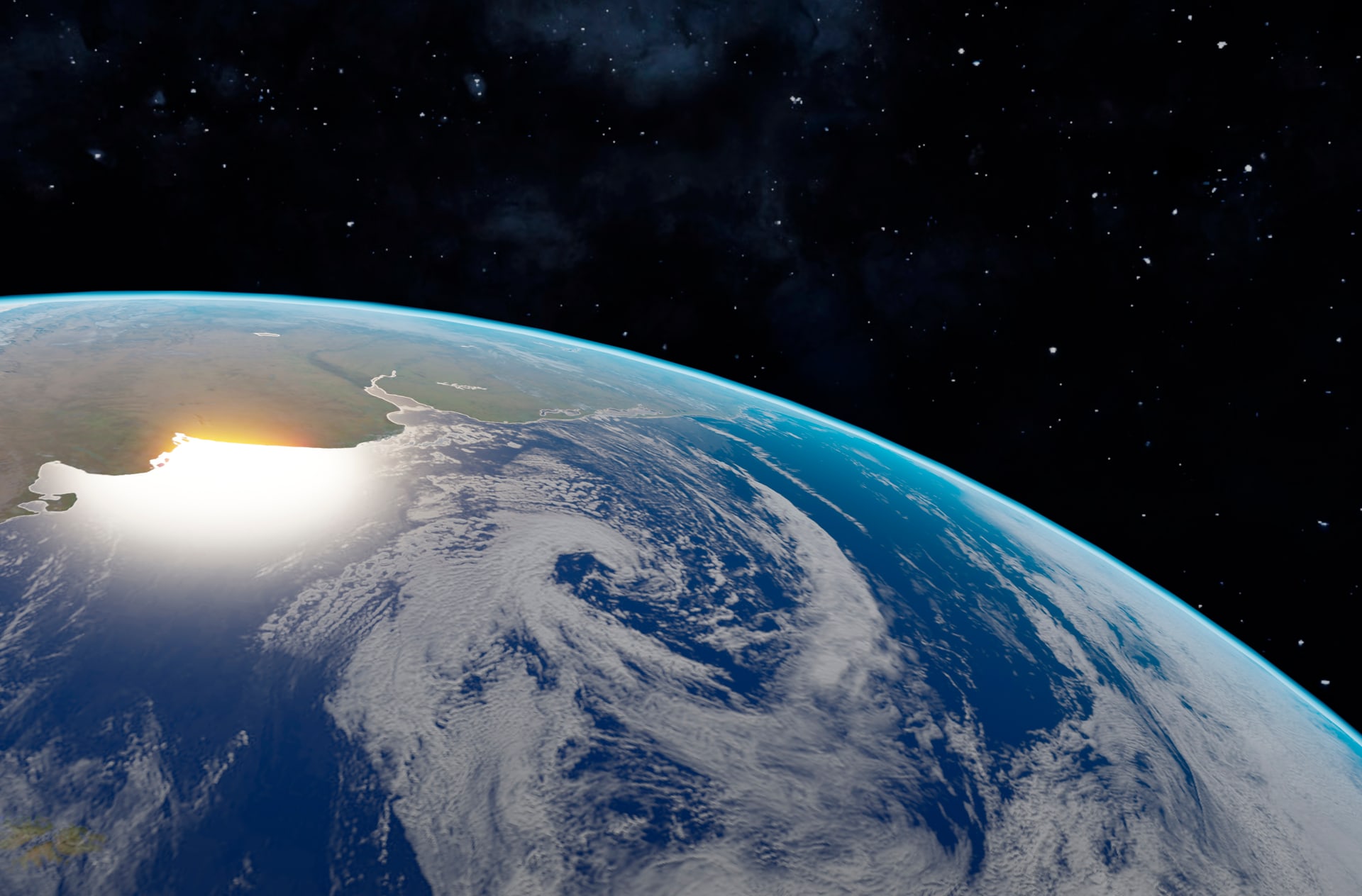 Earth from orbit, sunrise over the Pacific with cloud formations and the planet's curvature against deep space